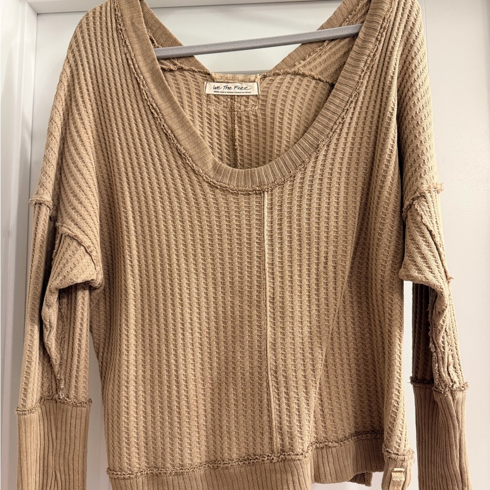 Free People Taupe Waffle-Knit Scoop Neck Sweater